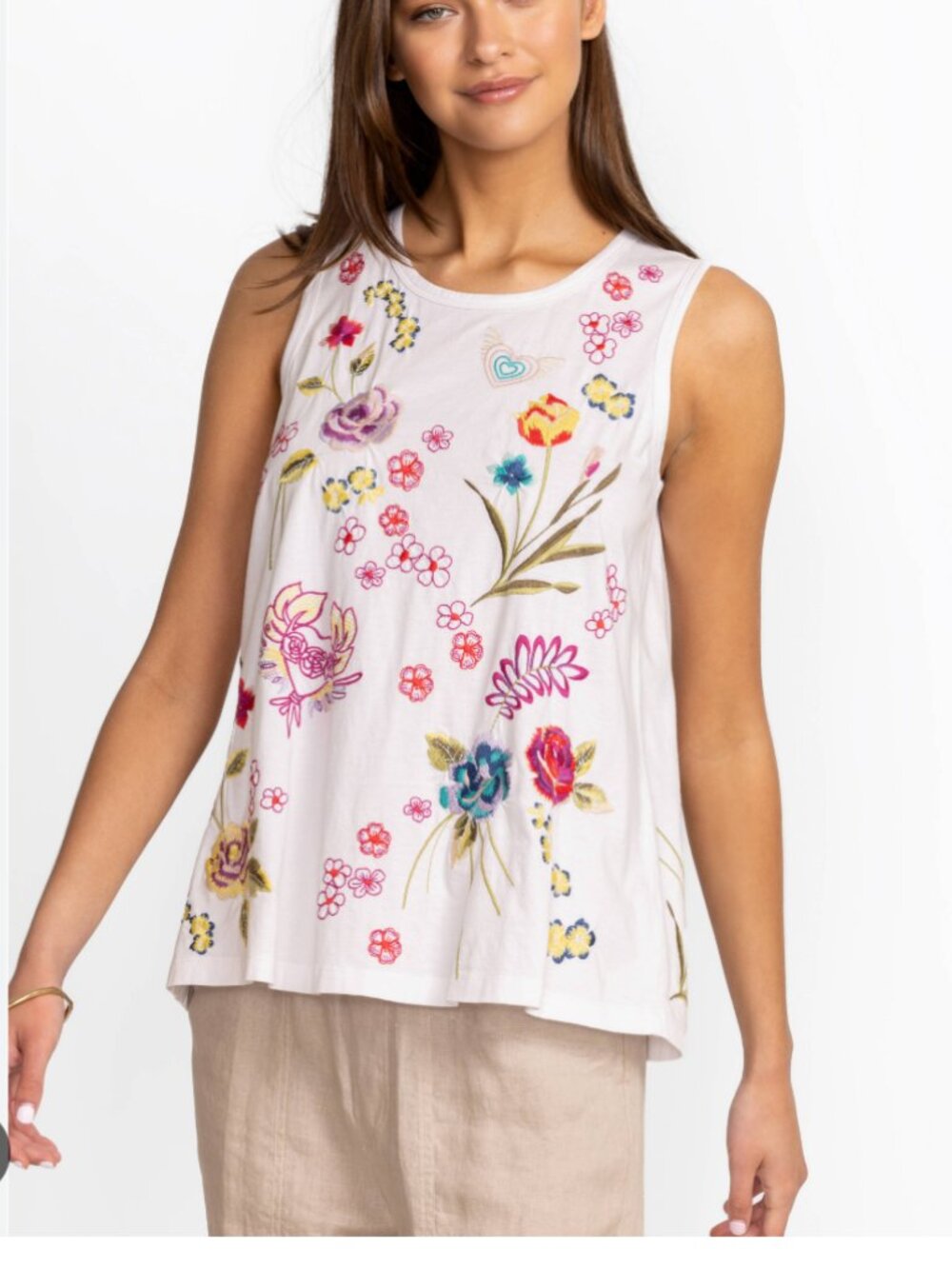 Johnny Was - Jessi Knit White Floral Embroidered Tank Top - sz XXS